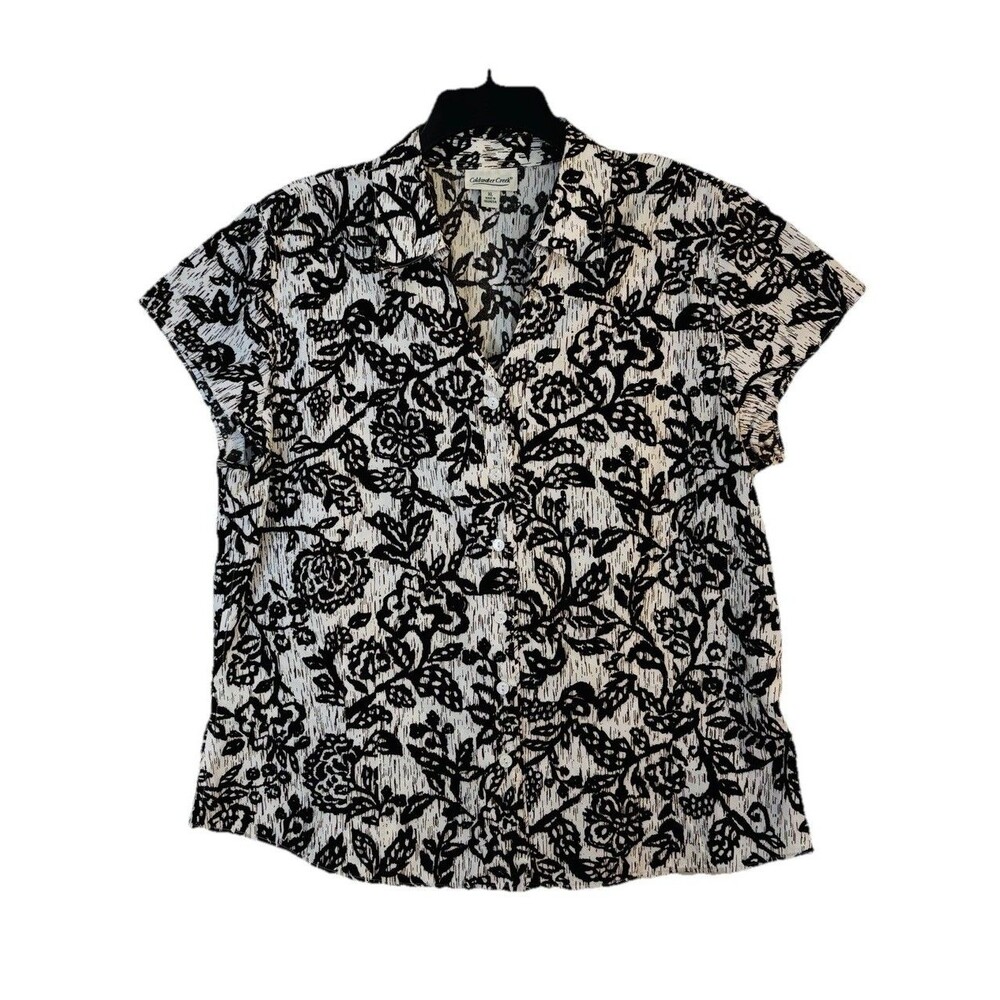 Coldwater Creek Women's XL Brown & Ivory Floral Short Sleeve Button Up Shirt